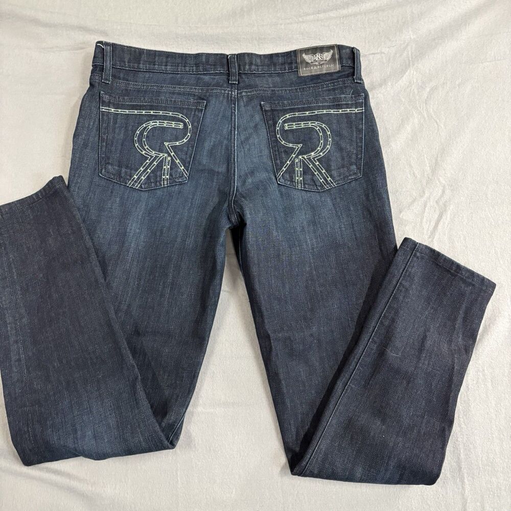 Rock Republic Berlin Jeans Woman’s 34x30 Dark Wash Rhinestones R Pockets Y2K